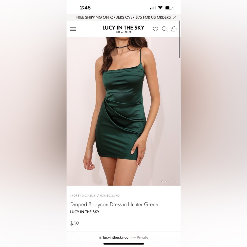hunter green draped body on dress mini